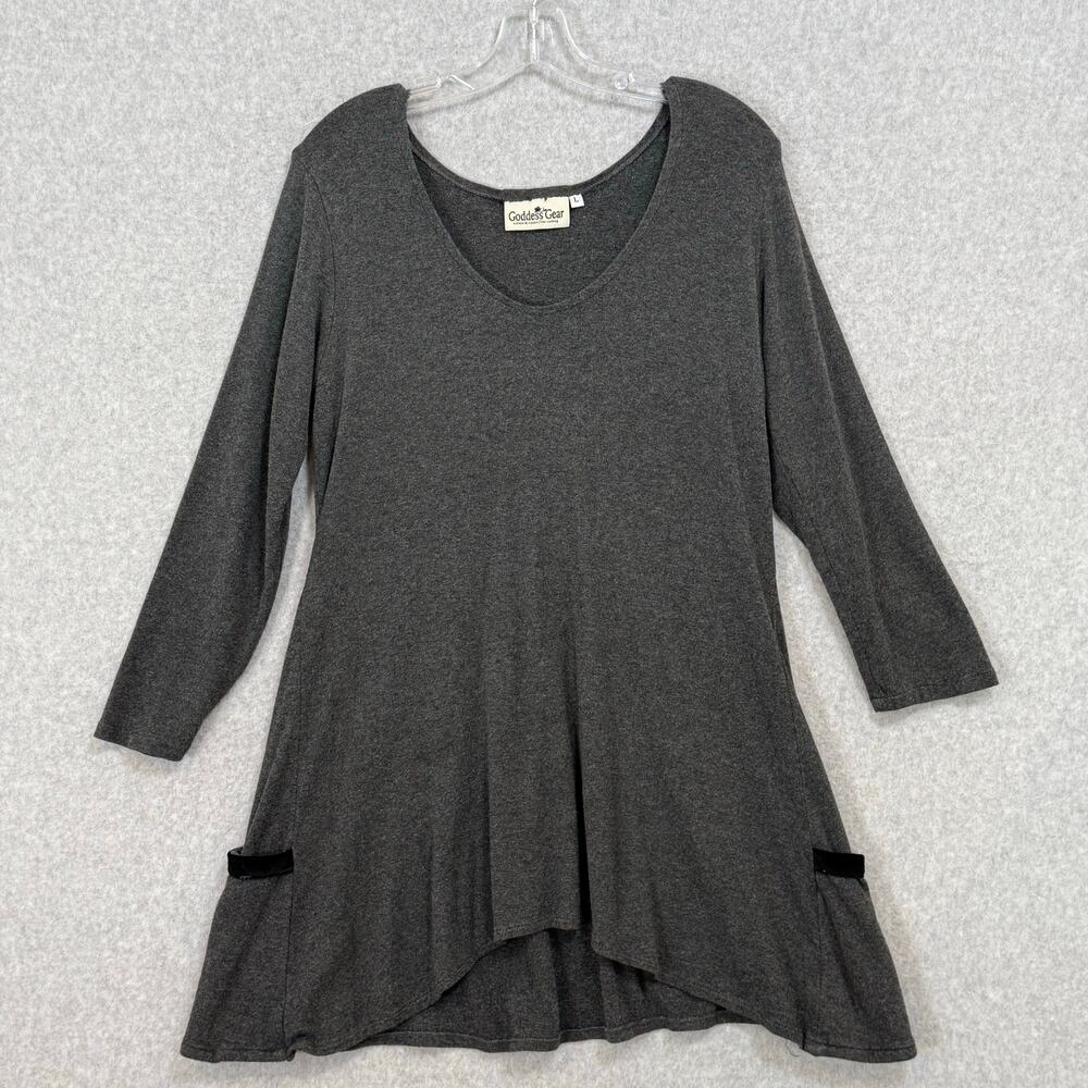 Goddess Gear Tunic Size L Bamboo Blend Stretch Minimalist Lagenlook Velvet Trim